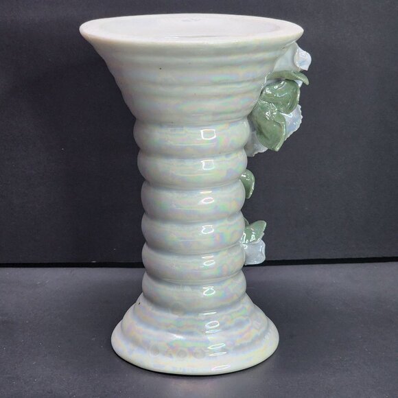 Vintage Iridescent Vase Pedestal Ceramic Glazed with Flower Applied 6'' Tall - Picture 4 of 8
